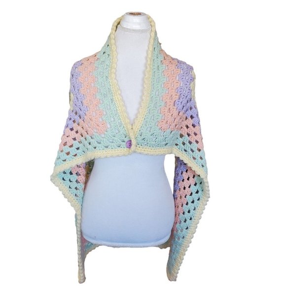 Afghan Knit Pastel Shawl Wrap Button Closure Soft Girl Kawaii One Size Spring - Picture 2 of 7